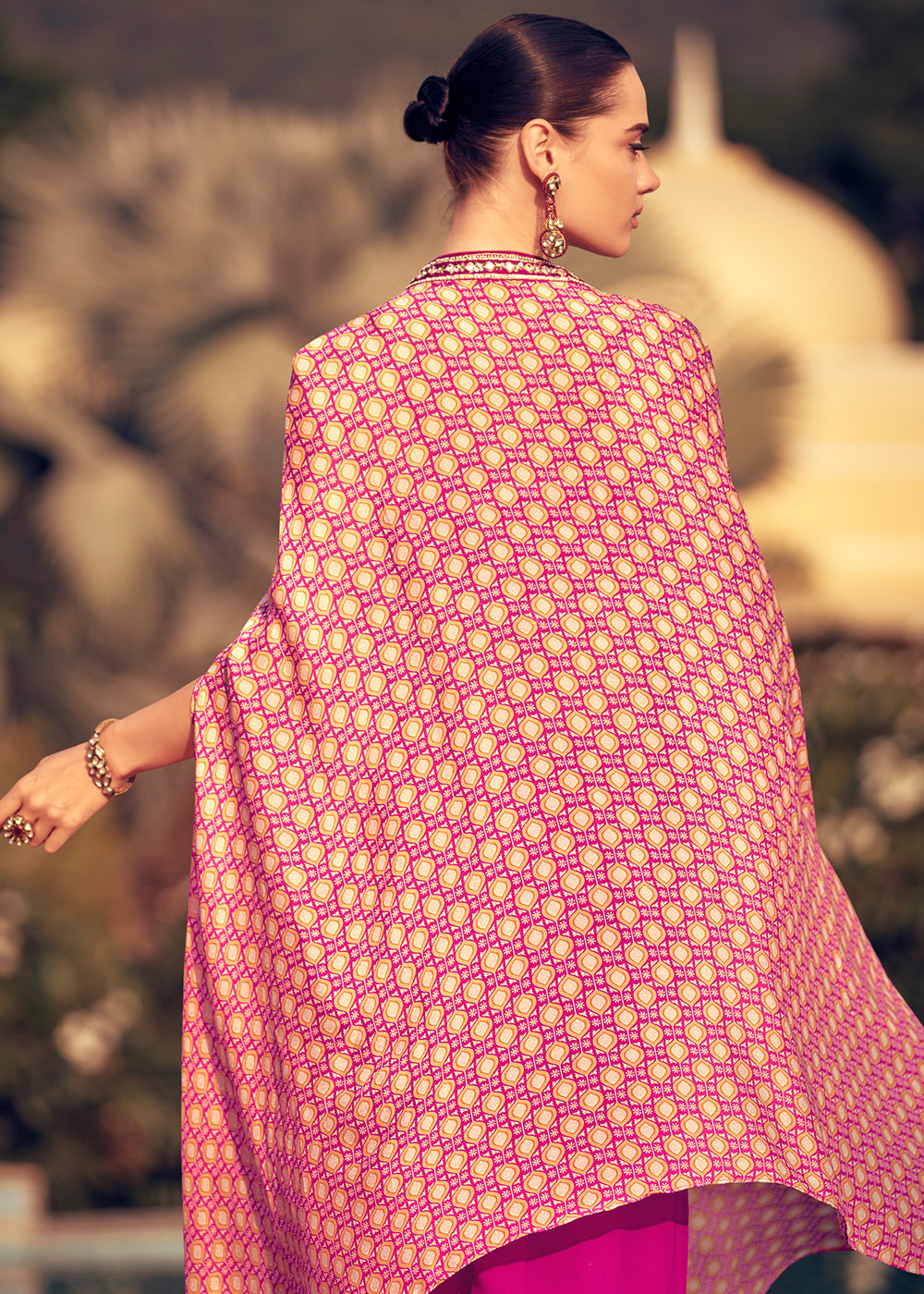 Shades of Pink Chinon Silk Top & Skirt Set with Dupatta