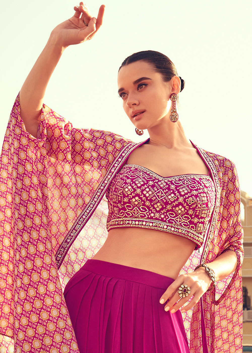 Shades of Pink Chinon Silk Top & Skirt Set with Dupatta