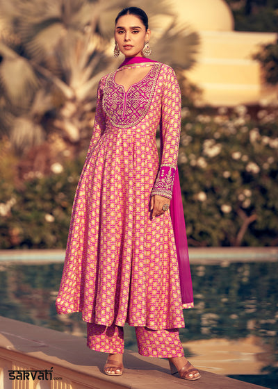 Shades of Pink Chinon Silk Anarkali Suit with Embroidery