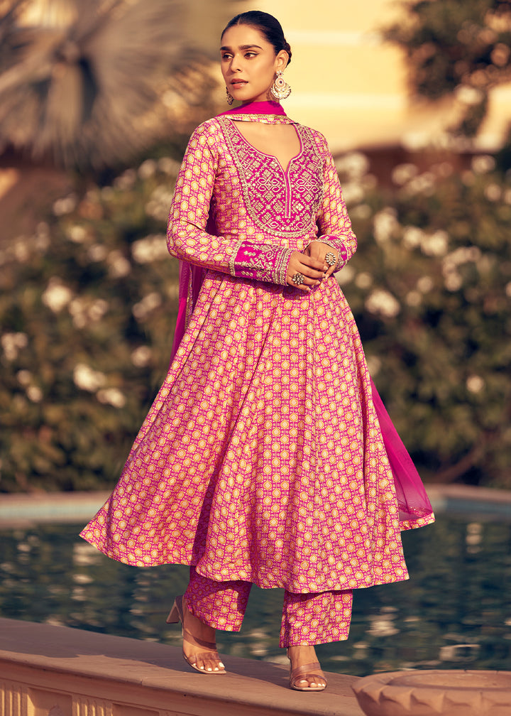 Shades of Pink Chinon Silk Anarkali Suit with Embroidery