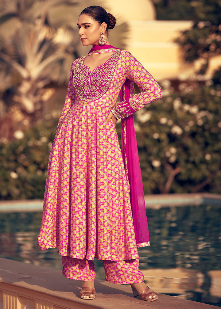 Shades of Pink Chinon Silk Anarkali Suit with Embroidery