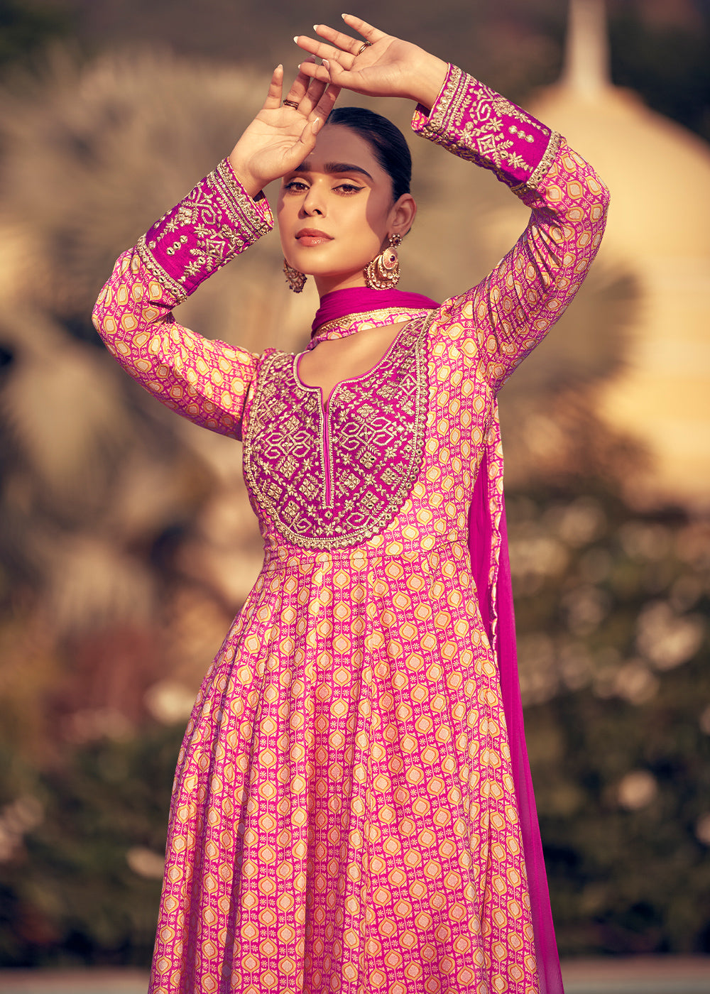 Shades of Pink Chinon Silk Anarkali Suit with Embroidery