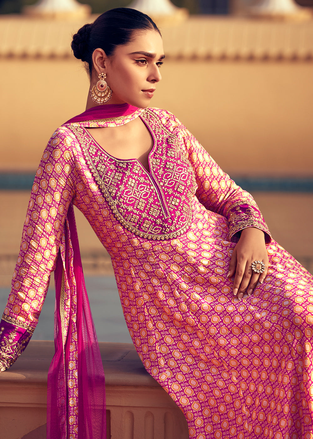 Shades of Pink Chinon Silk Anarkali Suit with Embroidery