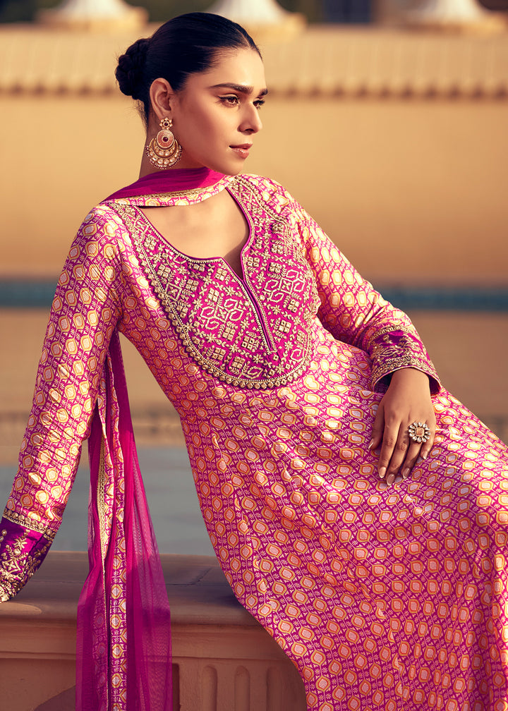 Shades of Pink Chinon Silk Anarkali Suit with Embroidery