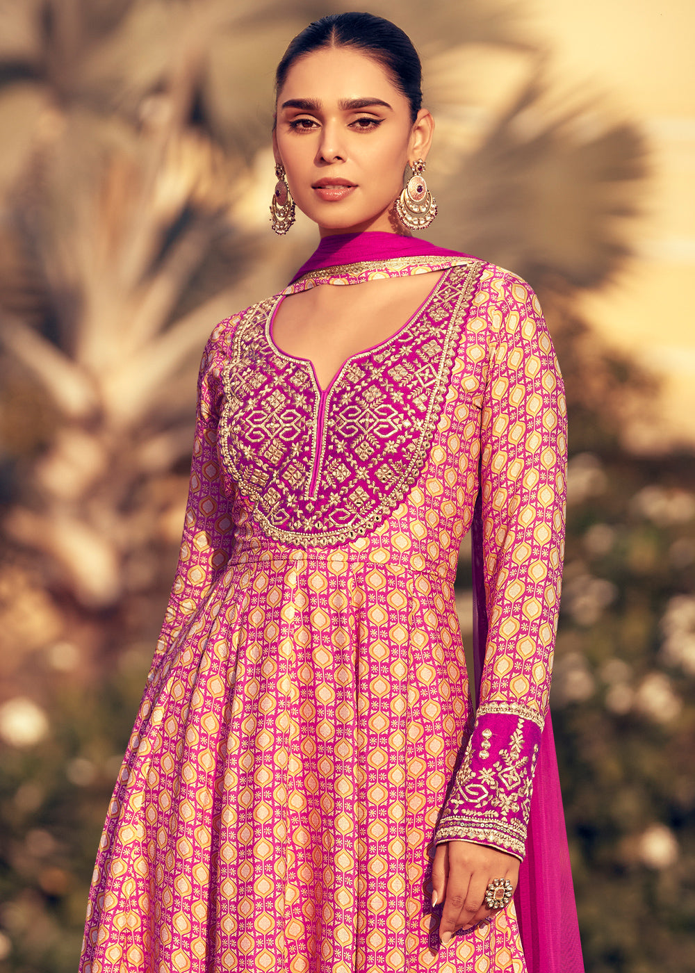 Shades of Pink Chinon Silk Anarkali Suit with Embroidery
