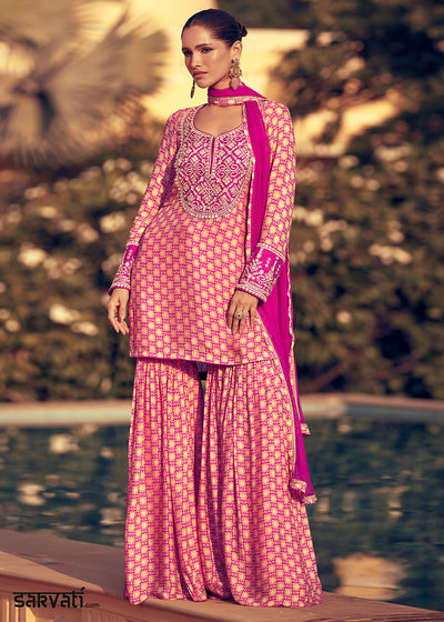 Shades of Pink Chinon Silk Palazzo Suit with Embroidery