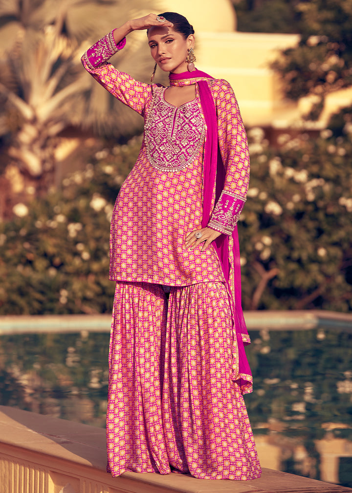 Shades of Pink Chinon Silk Palazzo Suit with Embroidery