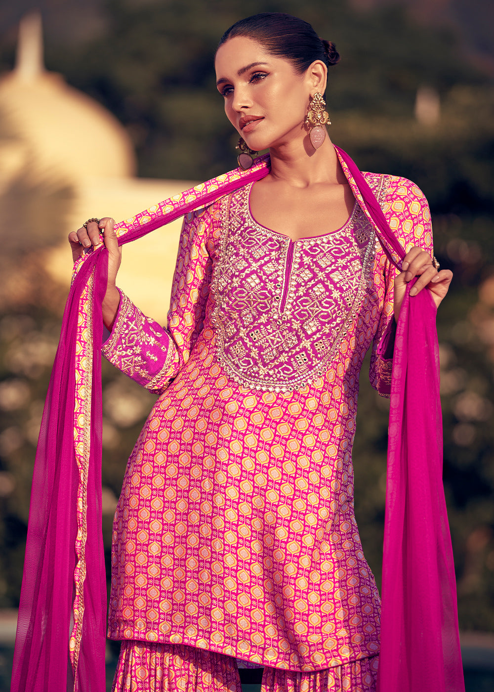 Shades of Pink Chinon Silk Palazzo Suit with Embroidery