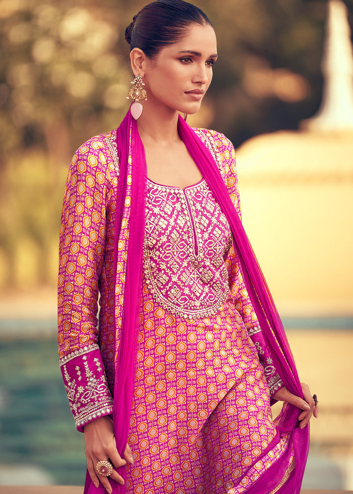 Shades of Pink Chinon Silk Palazzo Suit with Embroidery