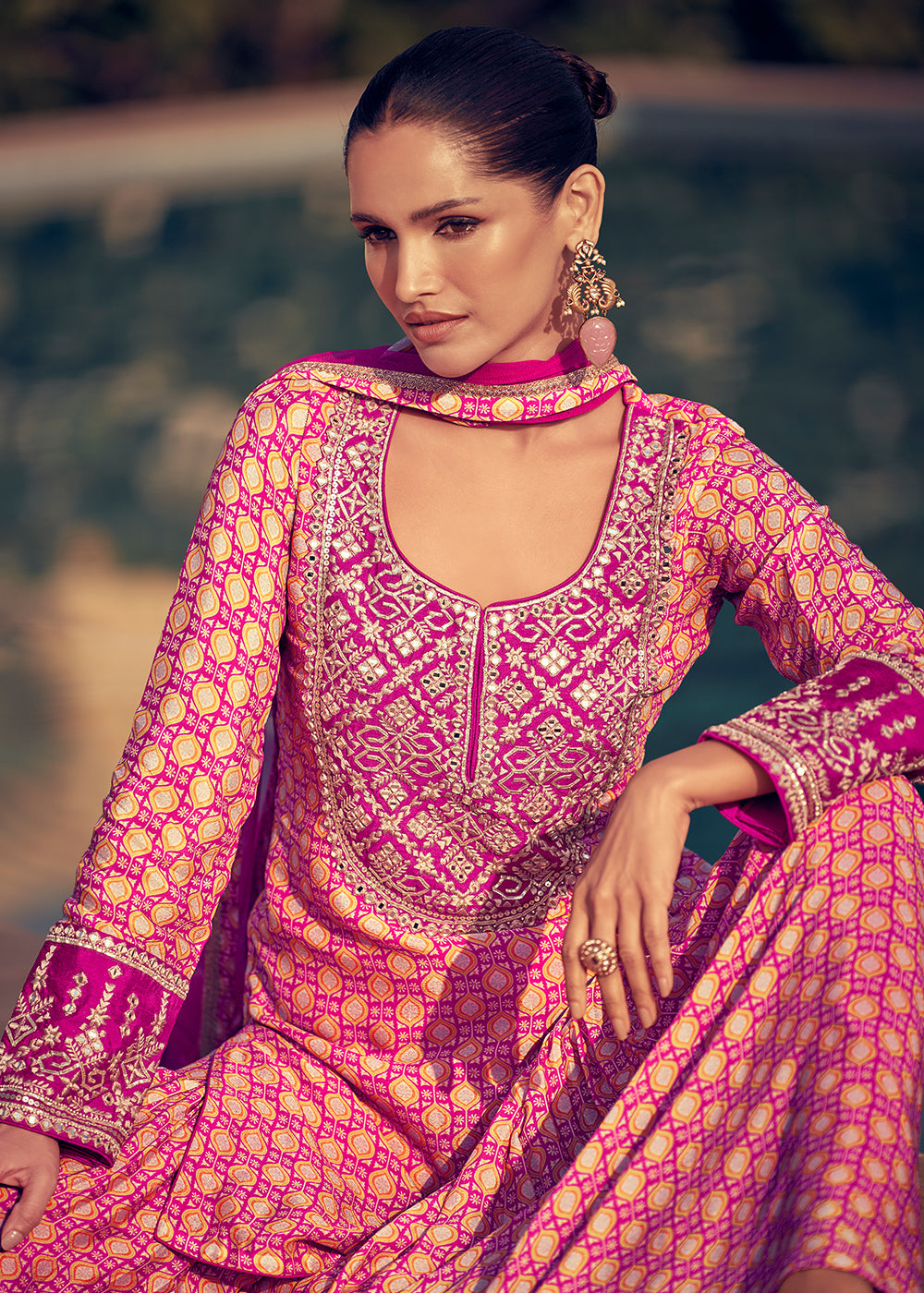 Shades of Pink Chinon Silk Palazzo Suit with Embroidery