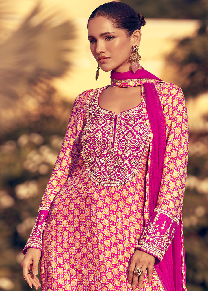 Shades of Pink Chinon Silk Palazzo Suit with Embroidery