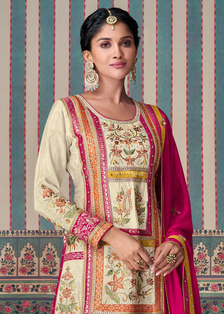 Cream White and Pink Palazzo Suit Featuring Floral Embroidery in Chinon Silk