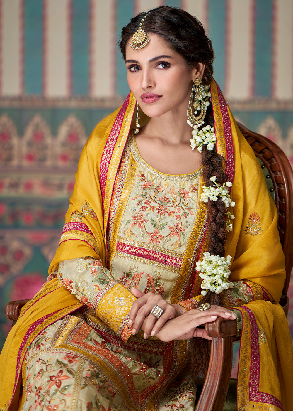 Cream White and Yellow Palazzo Suit Featuring Floral Embroidery in Chinon Silk