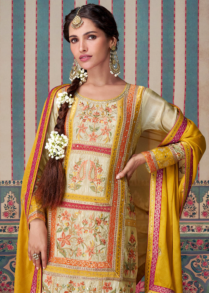 Cream White and Yellow Palazzo Suit Featuring Floral Embroidery in Chinon Silk