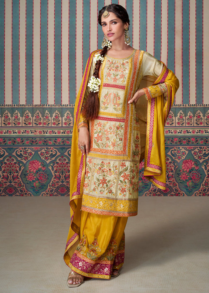 Cream White and Yellow Palazzo Suit Featuring Floral Embroidery in Chinon Silk