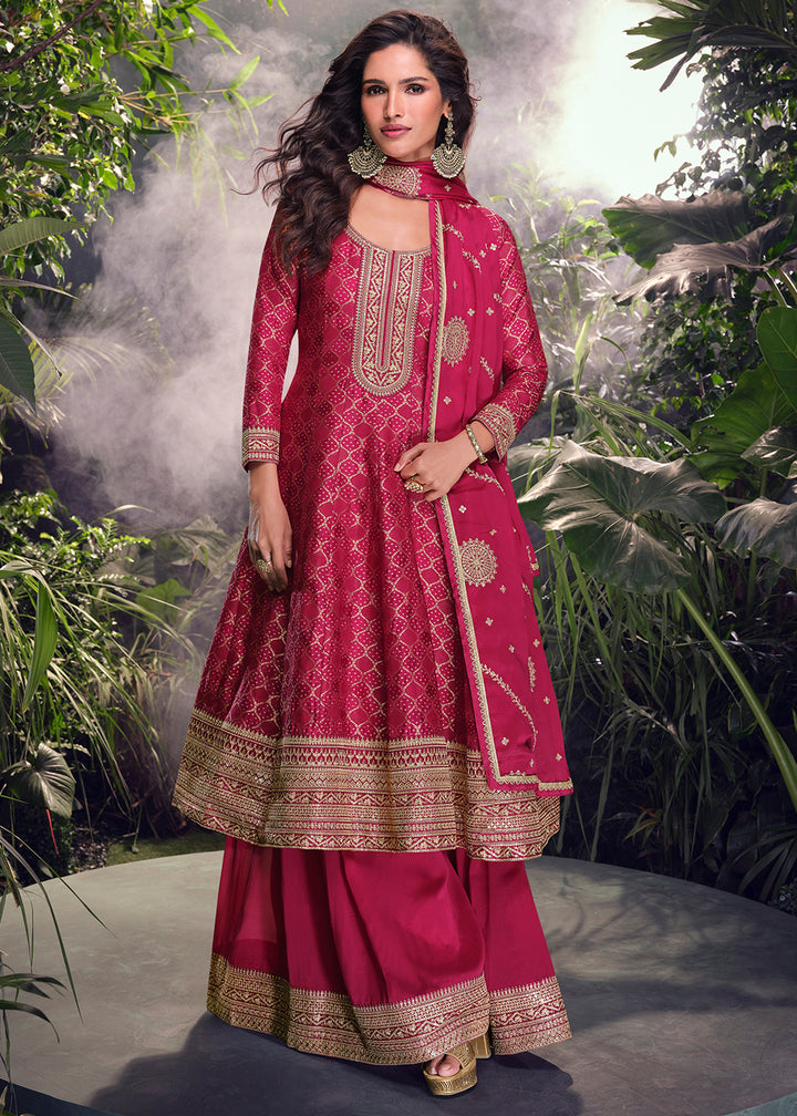 Magenta Pink Palazzo Suit in Viscose Jacquard Silk with Intricate Front & Back Embroidery