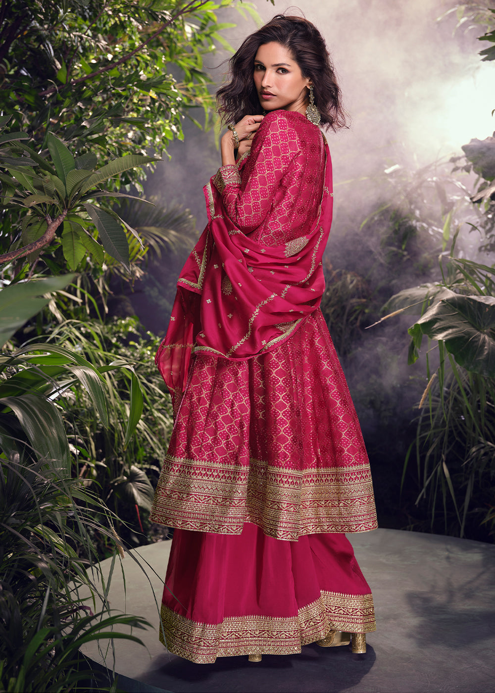 Magenta Pink Palazzo Suit in Viscose Jacquard Silk with Intricate Front & Back Embroidery