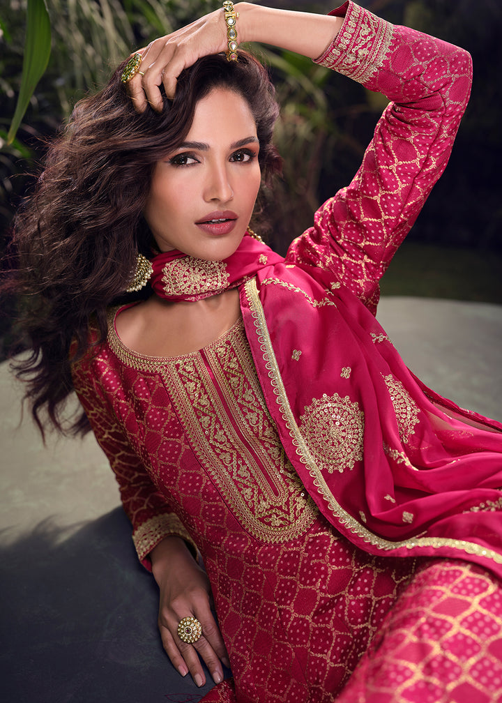 Magenta Pink Palazzo Suit in Viscose Jacquard Silk with Intricate Front & Back Embroidery