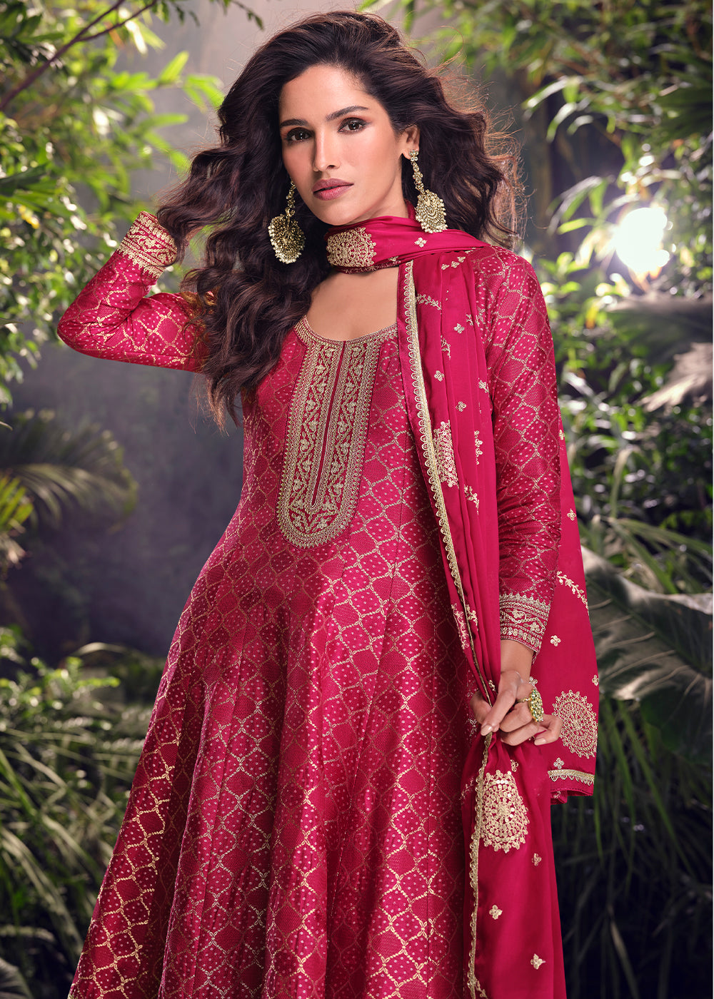 Magenta Pink Palazzo Suit in Viscose Jacquard Silk with Intricate Front & Back Embroidery