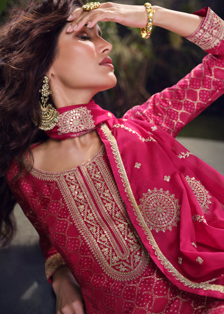 Magenta Pink Palazzo Suit in Viscose Jacquard Silk with Intricate Front & Back Embroidery