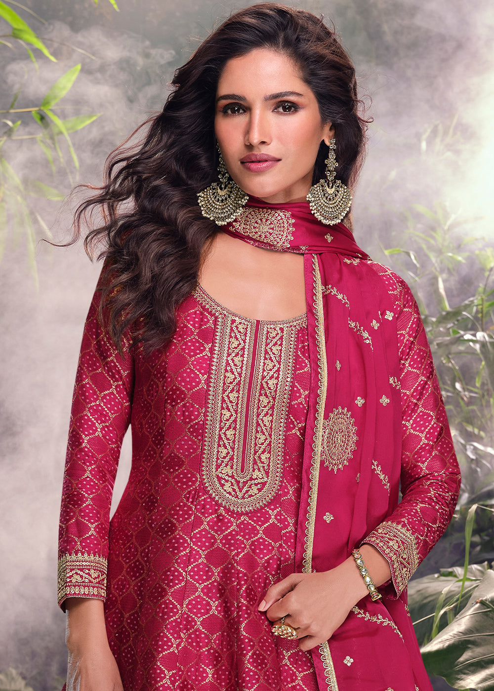 Magenta Pink Palazzo Suit in Viscose Jacquard Silk with Intricate Front & Back Embroidery