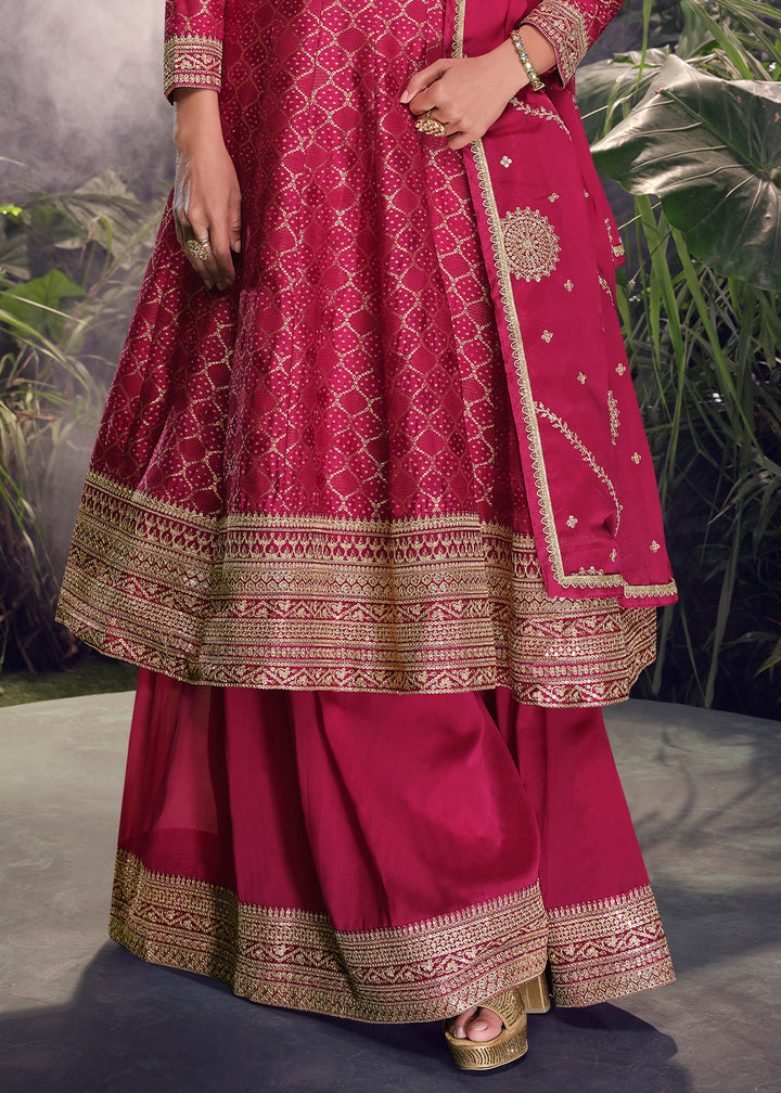 Magenta Pink Palazzo Suit in Viscose Jacquard Silk with Intricate Front & Back Embroidery