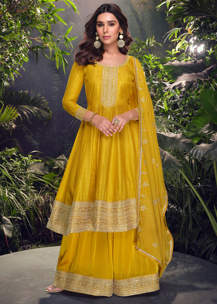 Tuscany Yellow Palazzo Suit in Viscose Jacquard Silk with Intricate Front & Back Embroidery