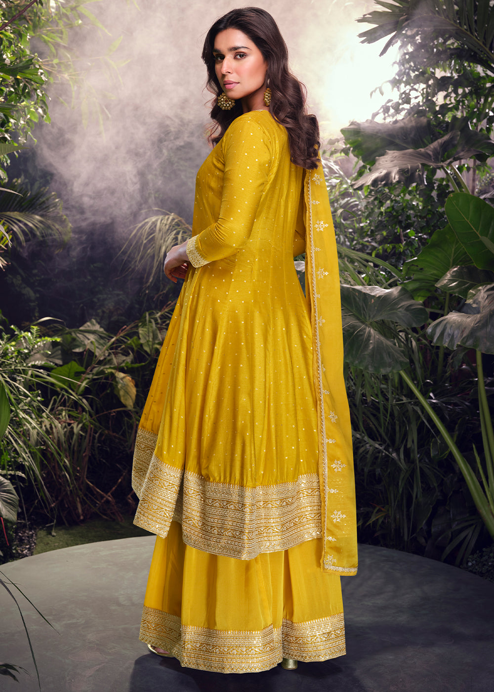 Tuscany Yellow Palazzo Suit in Viscose Jacquard Silk with Intricate Front & Back Embroidery