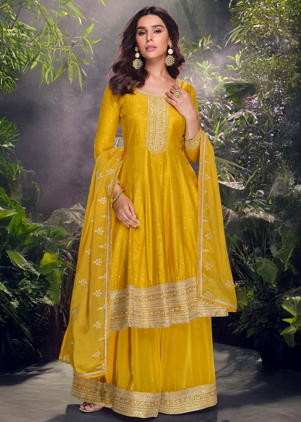 Tuscany Yellow Palazzo Suit in Viscose Jacquard Silk with Intricate Front & Back Embroidery