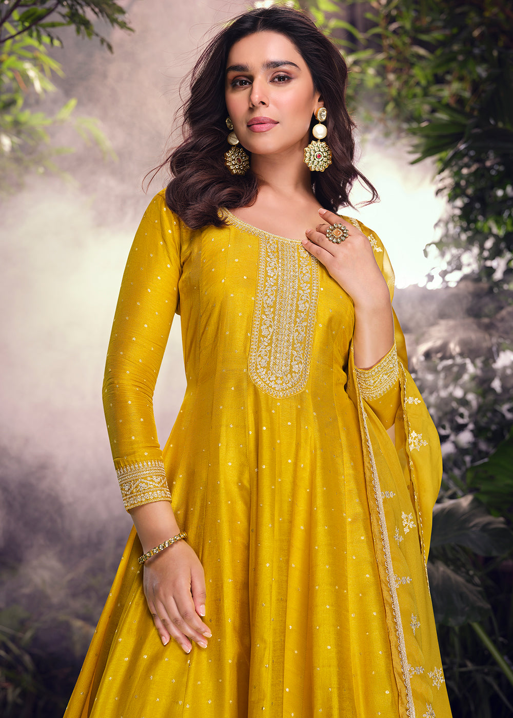 Tuscany Yellow Palazzo Suit in Viscose Jacquard Silk with Intricate Front & Back Embroidery