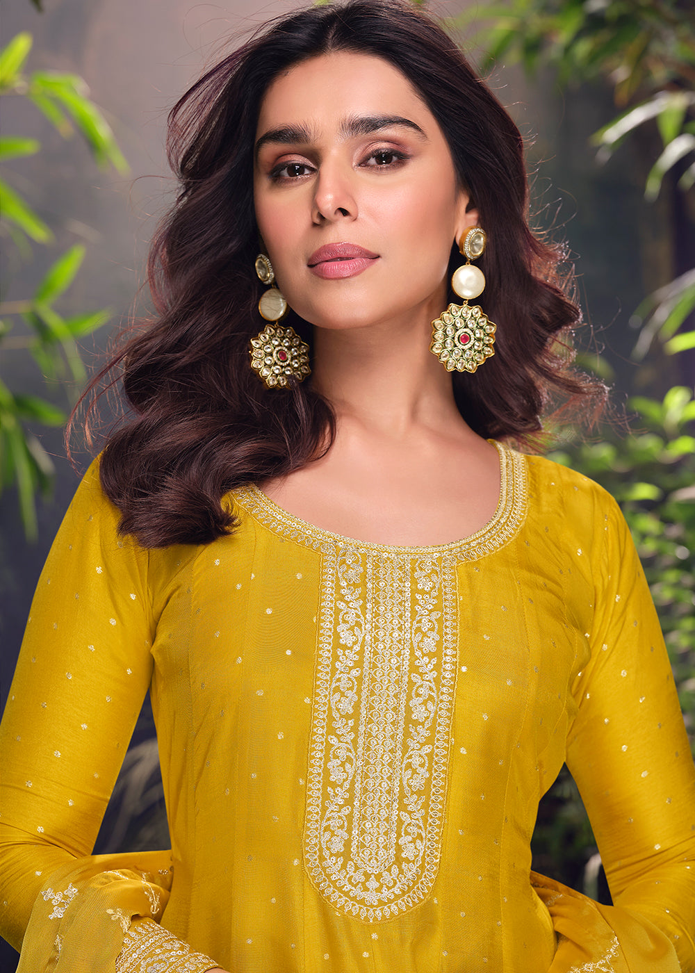 Tuscany Yellow Palazzo Suit in Viscose Jacquard Silk with Intricate Front & Back Embroidery