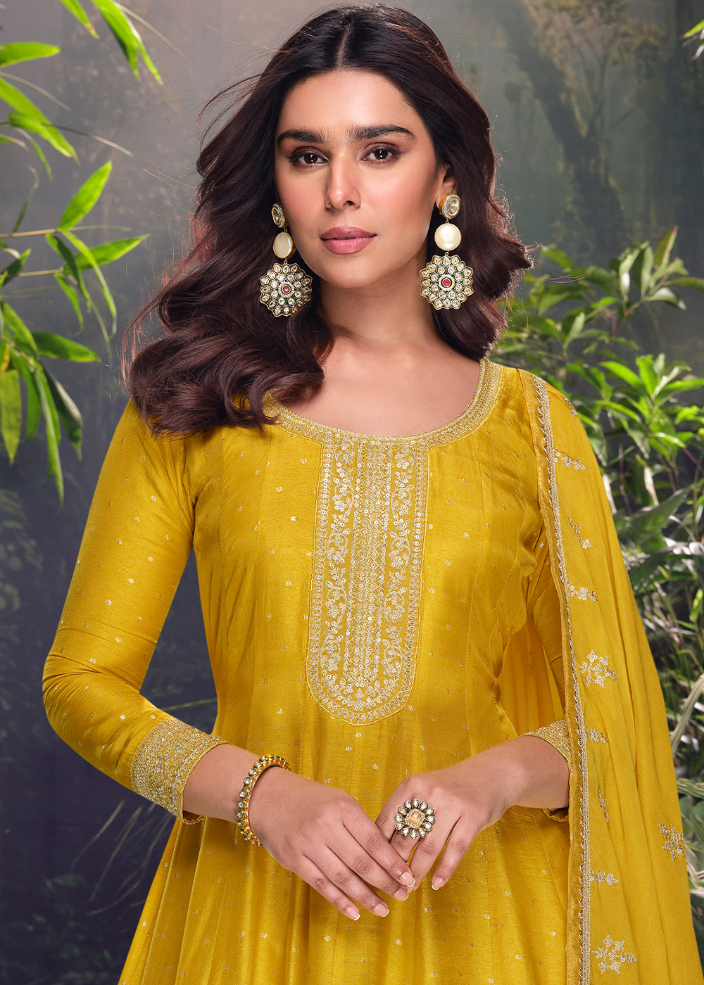 Tuscany Yellow Palazzo Suit in Viscose Jacquard Silk with Intricate Front & Back Embroidery