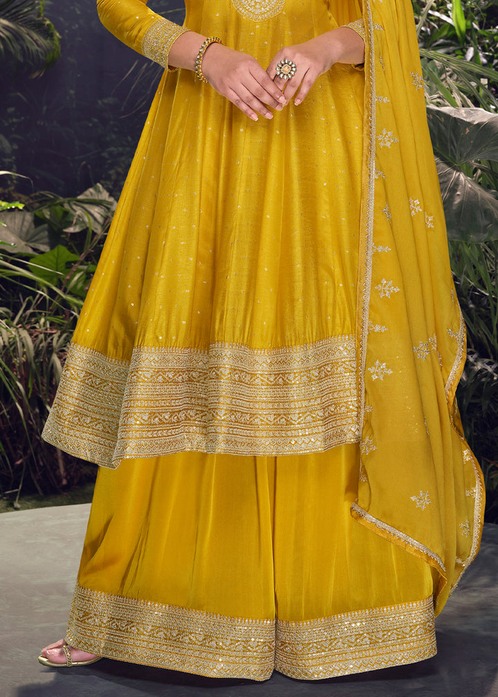 Tuscany Yellow Palazzo Suit in Viscose Jacquard Silk with Intricate Front & Back Embroidery