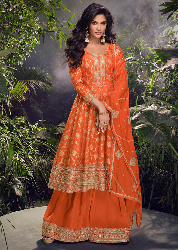 Tangelo Orange Palazzo Suit in Viscose Jacquard Silk with Intricate Front & Back Embroidery