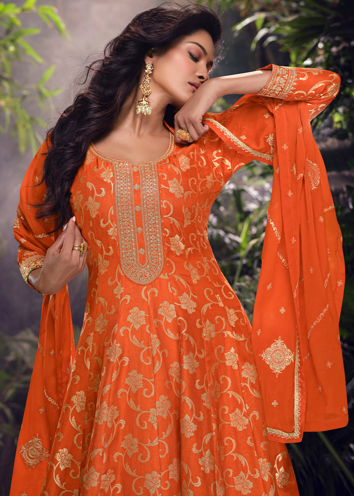 Tangelo Orange Palazzo Suit in Viscose Jacquard Silk with Intricate Front & Back Embroidery