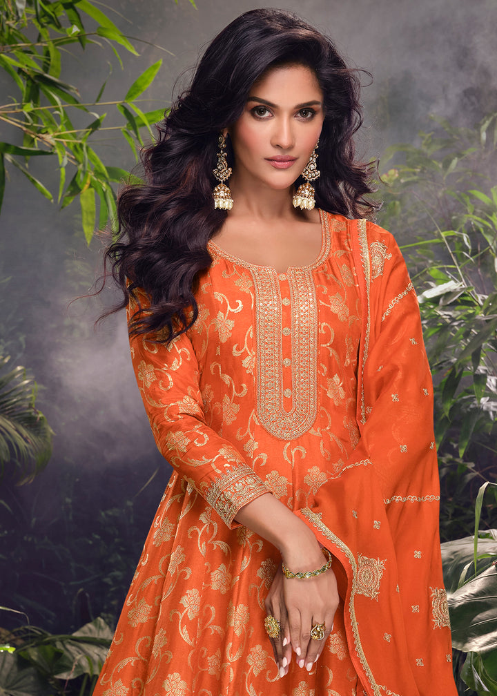 Tangelo Orange Palazzo Suit in Viscose Jacquard Silk with Intricate Front & Back Embroidery