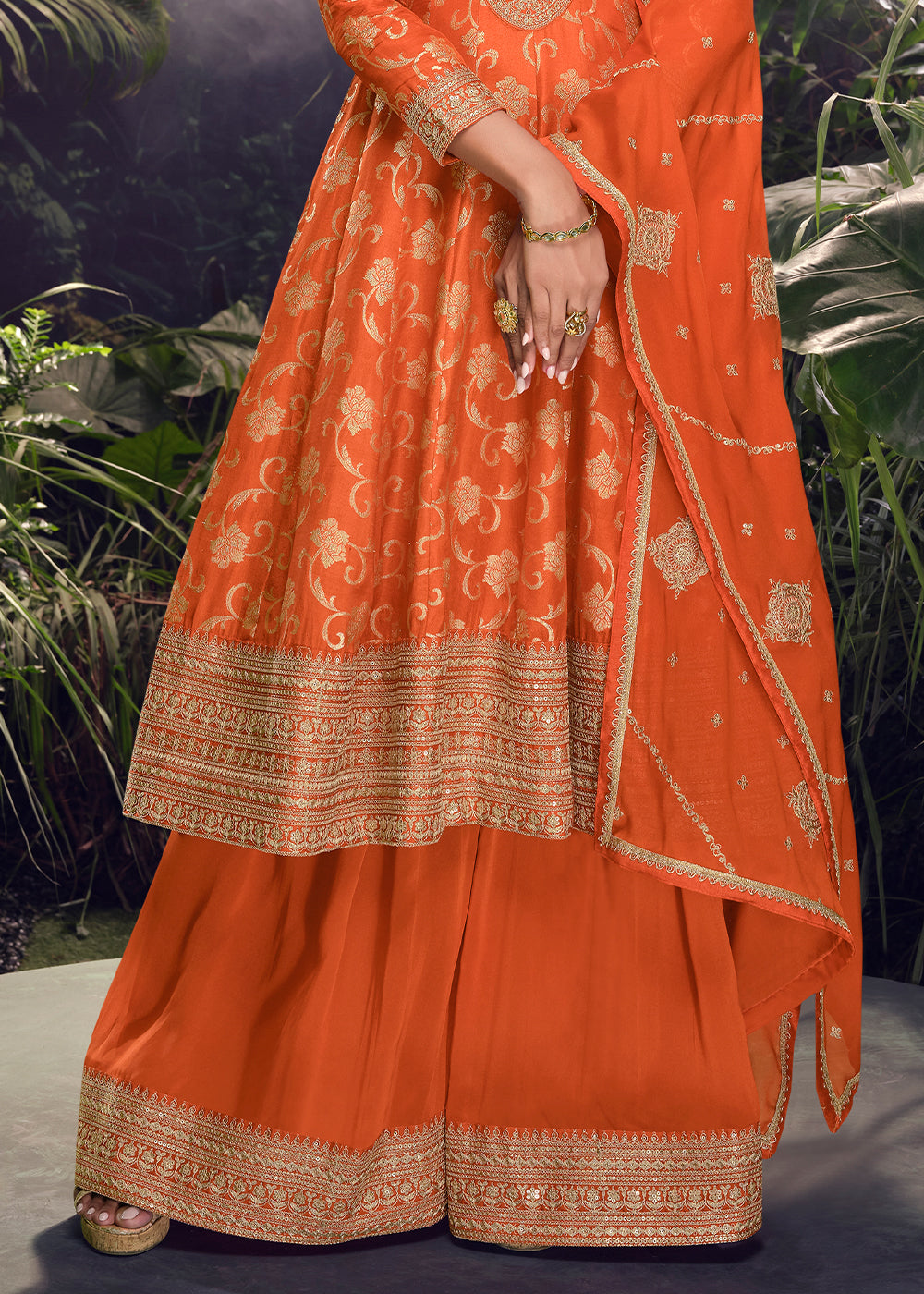 Tangelo Orange Palazzo Suit in Viscose Jacquard Silk with Intricate Front & Back Embroidery