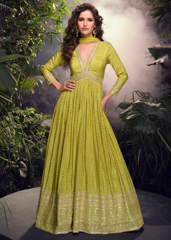 Pear Green Embroidered Anarkali Gown in Luxurious Viscose Jacquard Silk