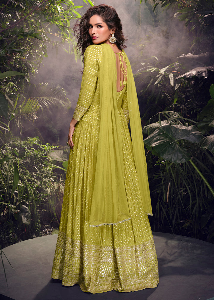 Pear Green Embroidered Anarkali Gown in Luxurious Viscose Jacquard Silk