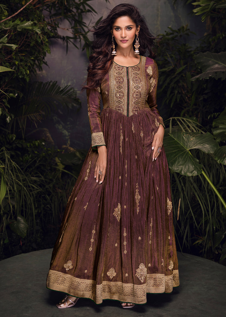 Brown & Purple Embroidered Anarkali Gown in Luxurious Viscose Jacquard Silk