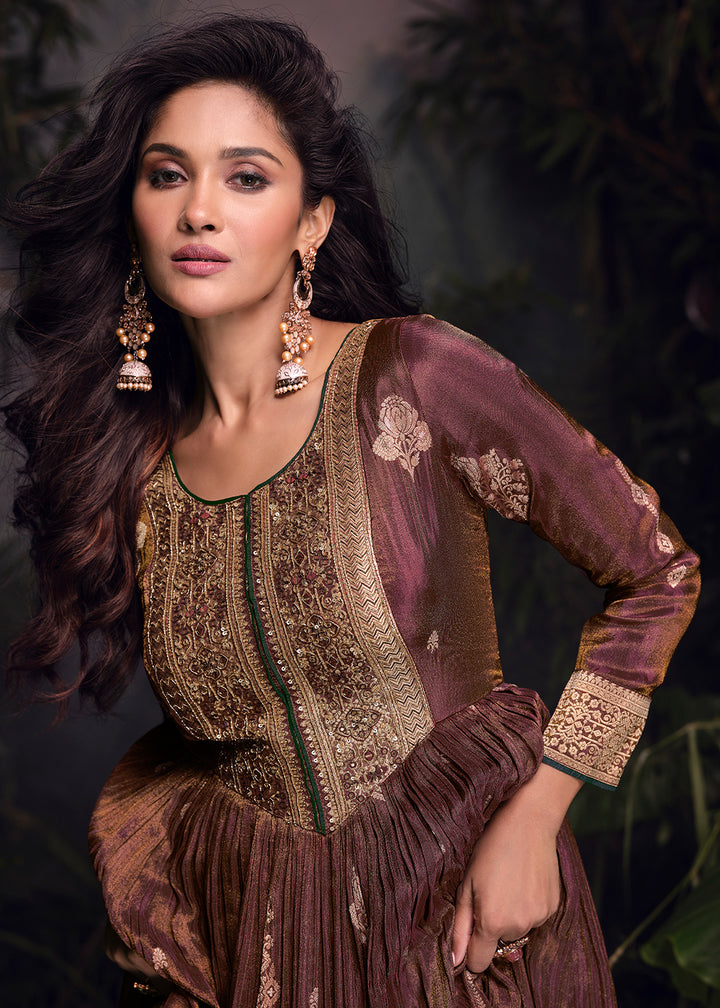 Brown & Purple Embroidered Anarkali Gown in Luxurious Viscose Jacquard Silk