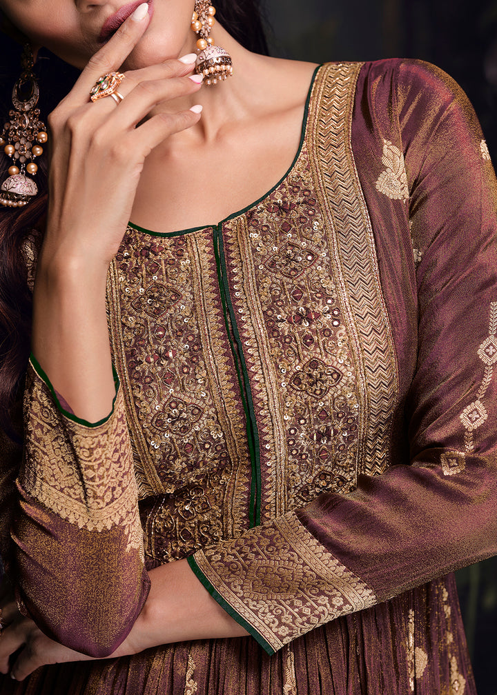 Brown & Purple Embroidered Anarkali Gown in Luxurious Viscose Jacquard Silk