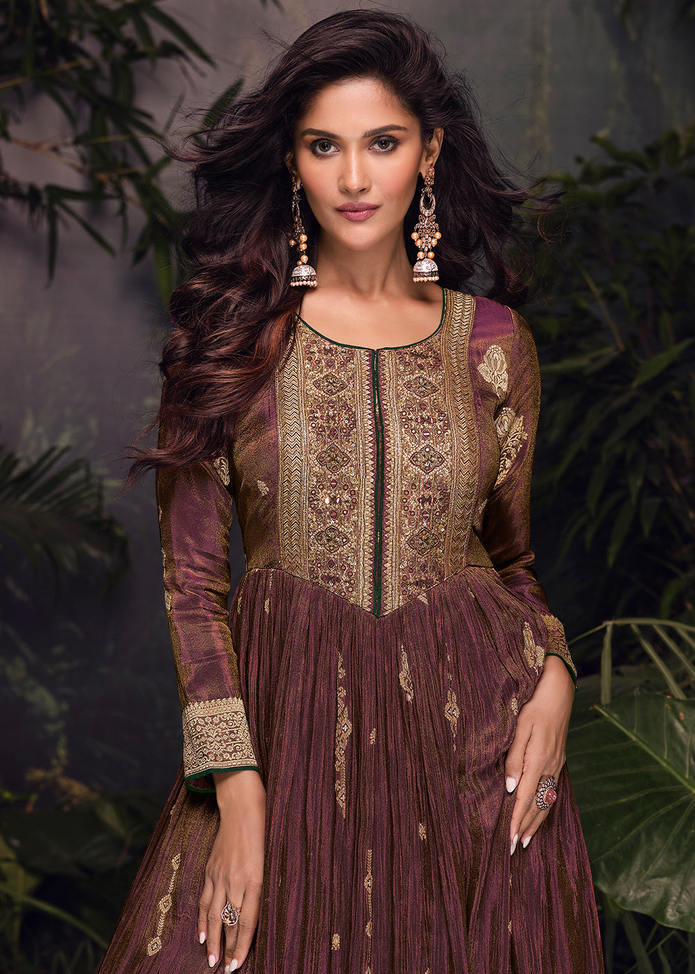 Brown & Purple Embroidered Anarkali Gown in Luxurious Viscose Jacquard Silk