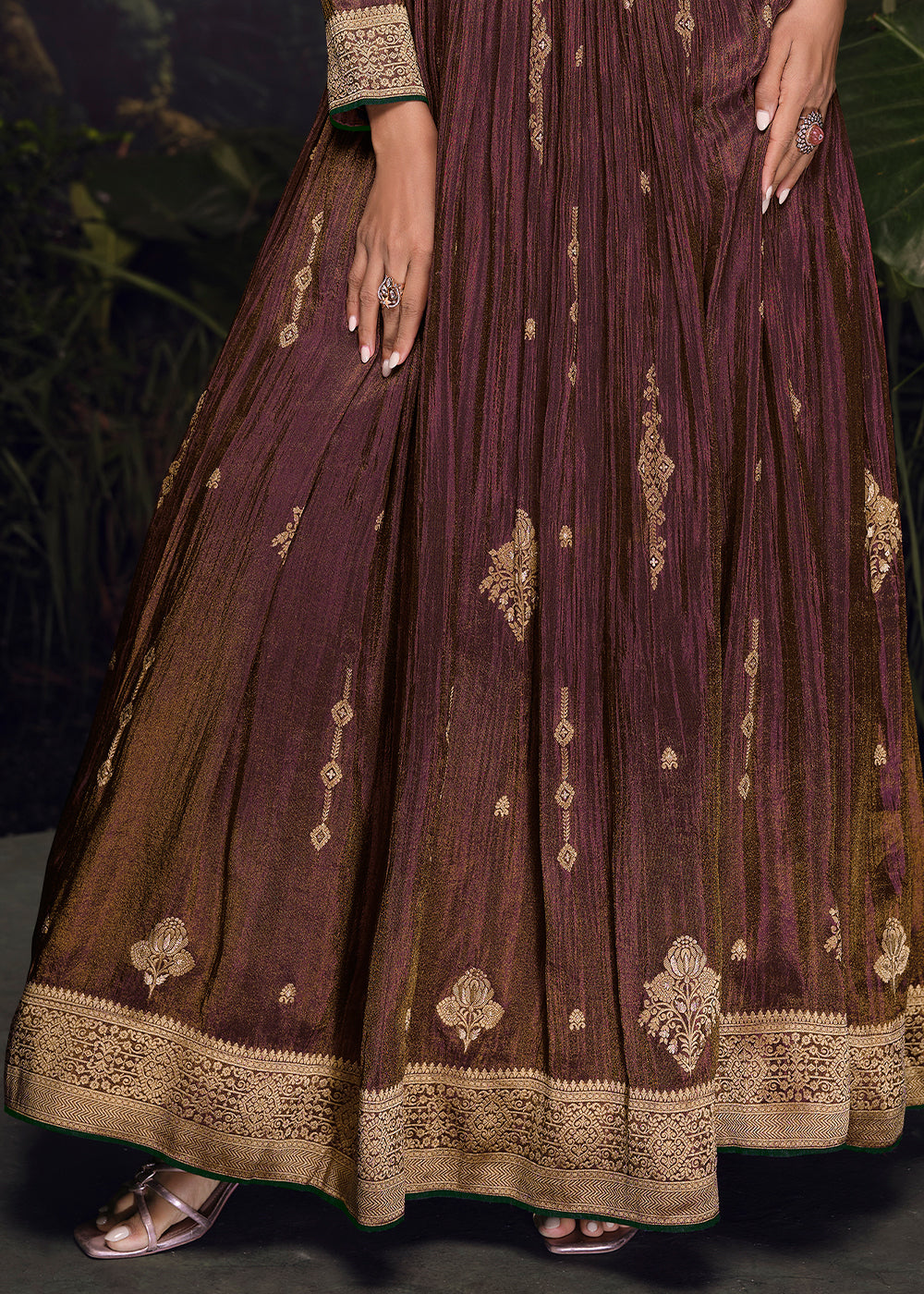 Brown & Purple Embroidered Anarkali Gown in Luxurious Viscose Jacquard Silk