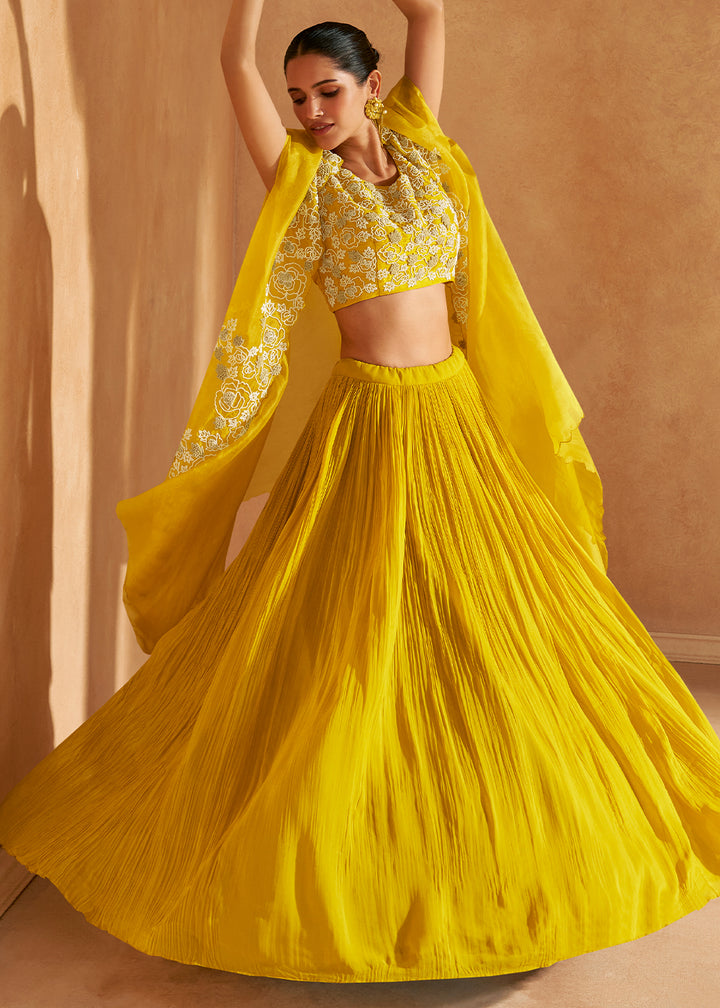 Aureolin Yellow Chinon Silk Top & Skirt Set with Elegant Embroidered Jacket