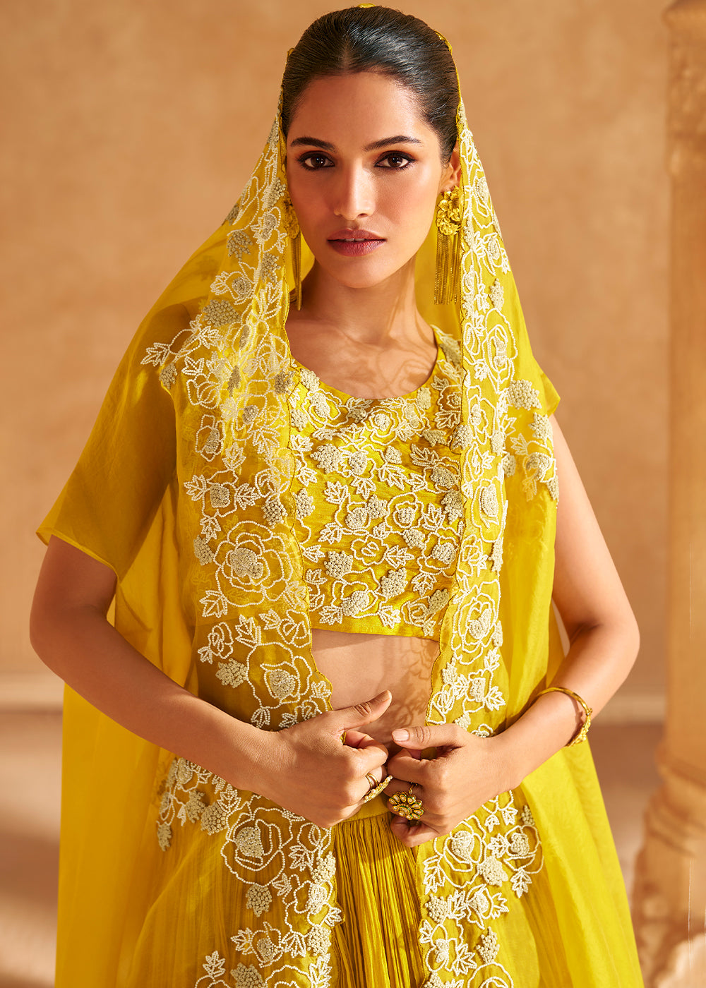 Aureolin Yellow Chinon Silk Top & Skirt Set with Elegant Embroidered Jacket