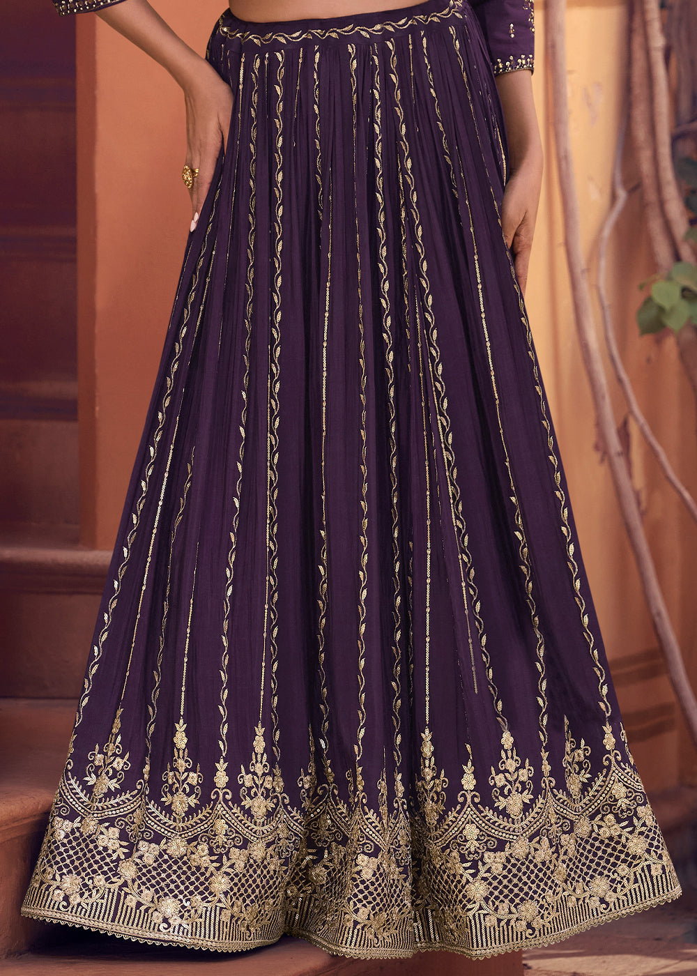 Grape Purple Chinon Silk Top & Skirt Set with Elegant Embroidered Jacket