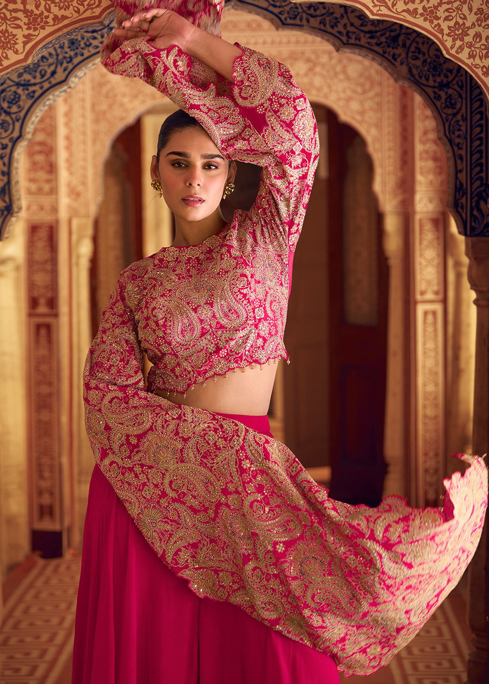 Hot Pink Chinon Silk Palazzo Set with Long Sleeves Embroidered Top
