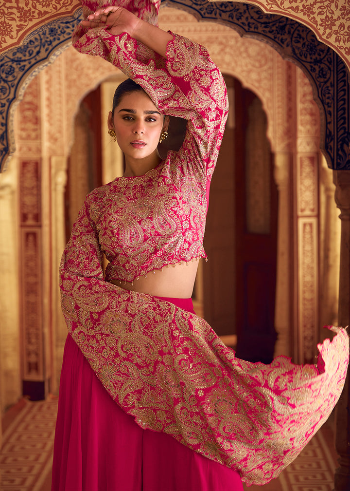 Hot Pink Chinon Silk Palazzo Set with Long Sleeves Embroidered Top