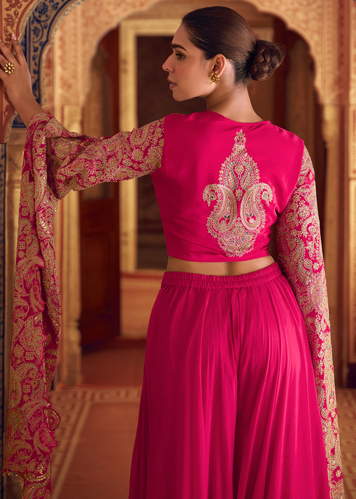 Hot Pink Chinon Silk Palazzo Set with Long Sleeves Embroidered Top